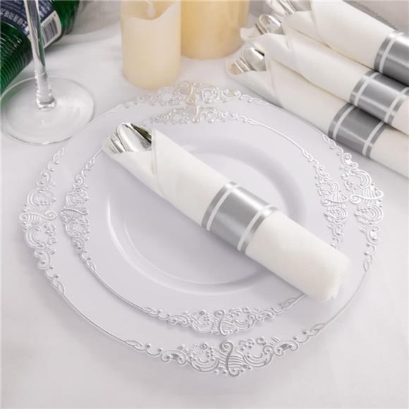 350PCS Silver Plastic Plates & Pre Rolled Napkins for 50Guests, 100Silver Plates - Picture 6 of 6